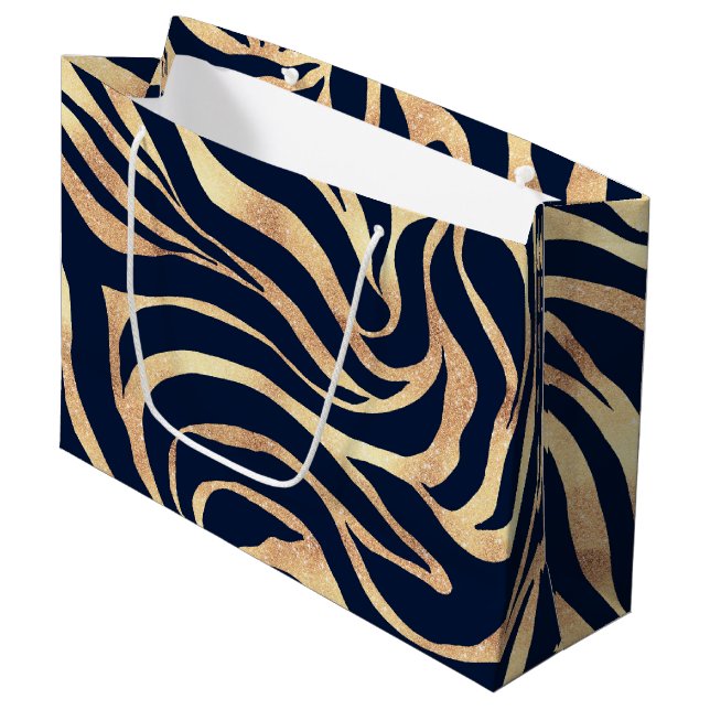Elegant Navy Blue Gold Zebra Print Große Geschenktüte (Vorderseite Schrägansicht)