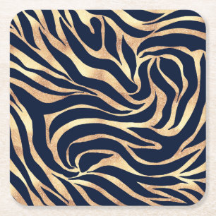 Elegant Navy Blue Gold Zebra Print Rechteckiger Pappuntersetzer