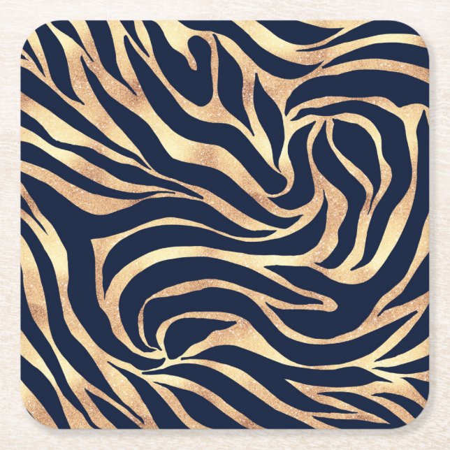 Elegant Navy Blue Gold Zebra Print Rechteckiger Pappuntersetzer (Vorderseite)