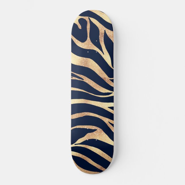Elegant Navy Blue Gold Zebra Print Skateboard (Vorderseite)