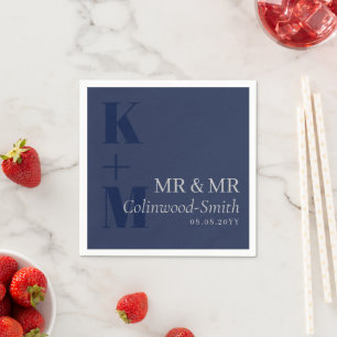 Elegant Navy Blue Gray Typografy Initials Mr & Mr. Serviette