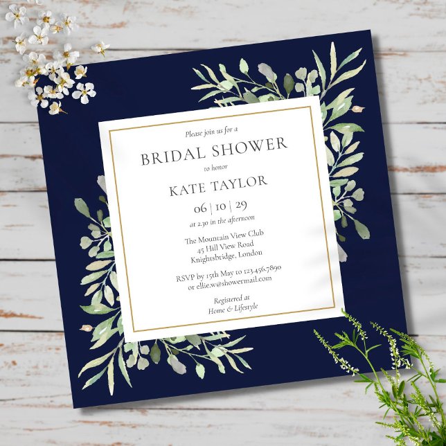 Elegant Navy Blue Greenerity Wedding Brautparty Einladung (Von Creator hochgeladen)