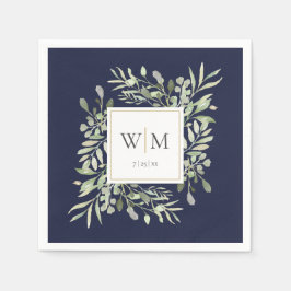 Elegant Navy Blue Greenery Gold Monogram Serviette