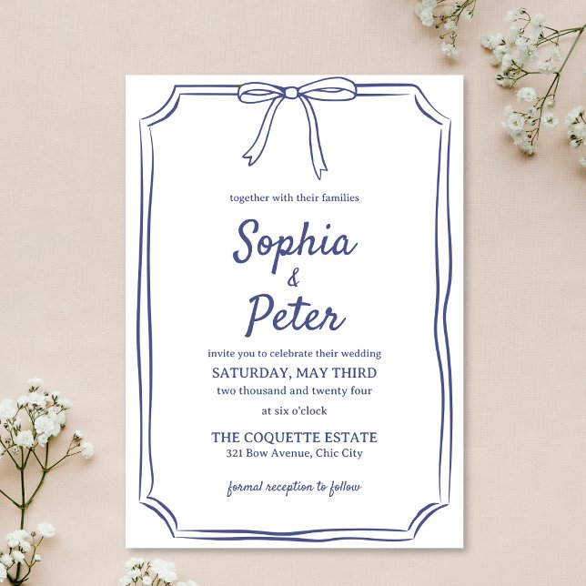 Elegant Navy Blue Hand Gezeichnet Bow Timeless Wed Einladung (Chic and minimalist, this navy blue bow wedding invite adds a refined touch to your special day.)