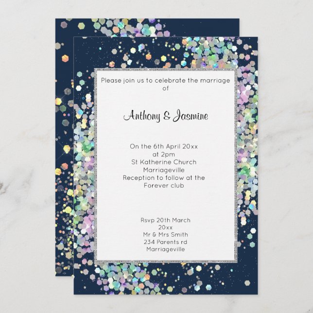 ELEGANT NAVY BLUE HOLOGRAPHIC PASTEL WEDING EINLADUNG (Vorne/Hinten)