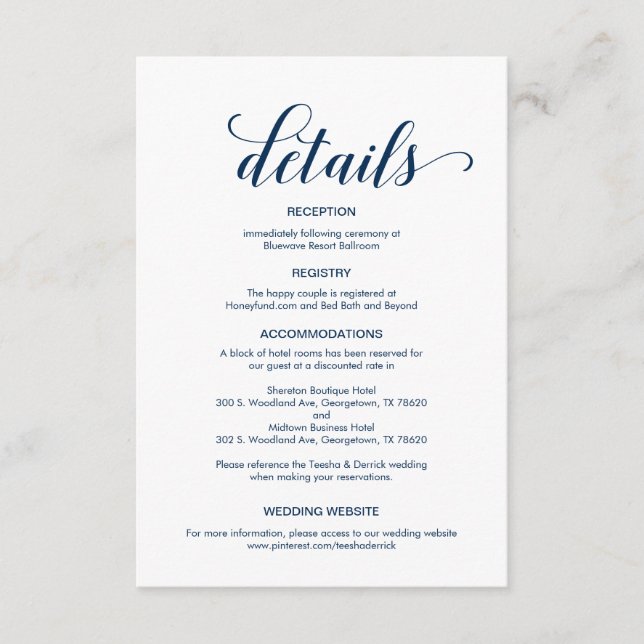 Elegant Navy Blue, Informationen zu Hochzeiten Begleitkarte (Vorderseite)
