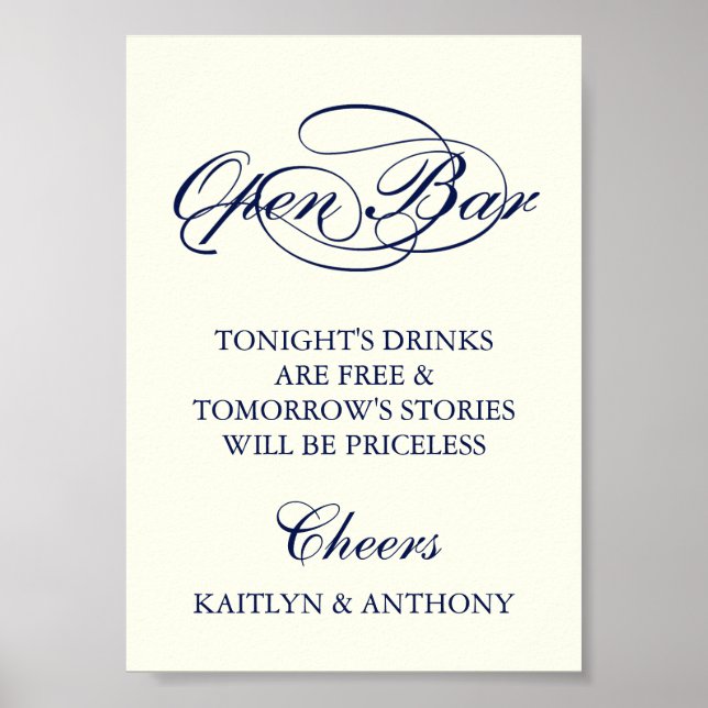 Elegant Navy Blue & Ivory Script Wedding Open Bar Poster (Vorne)