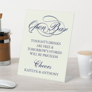 Elegant Navy Blue & Ivory Script Wedding Open Bar Sockelschild