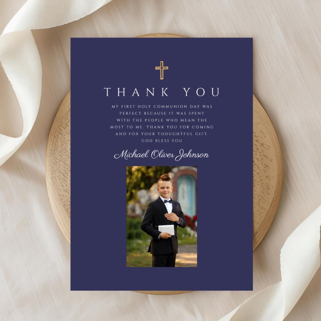 Elegant Navy Blue Katholic Boy First Communation Dankeskarte (Elegant Navy Blue Catholic Boy First Communion Thank You Card)
