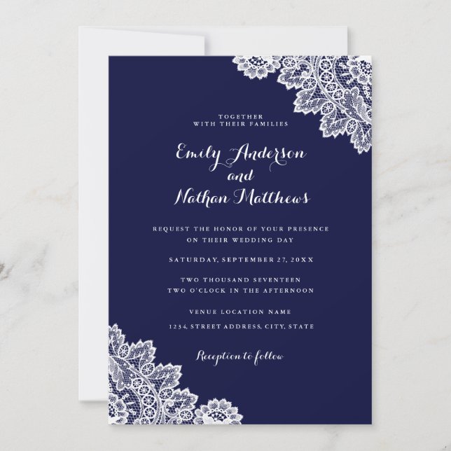 Elegant Navy Blue Lace Hochzeit Einladung (Vorderseite)