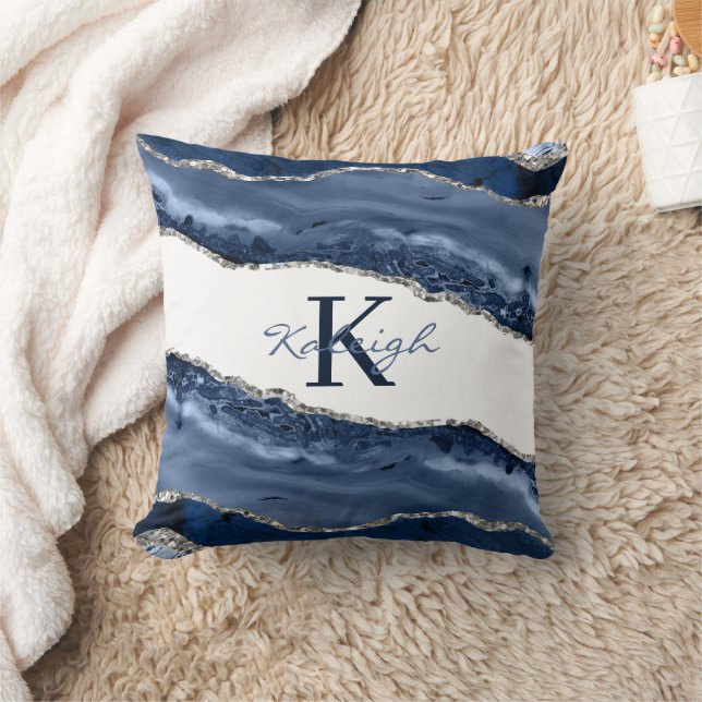 Elegant Navy Blue Marmor Silver Glitte Monogram Kissen (Decke)
