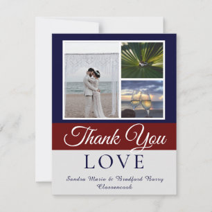 Elegant Navy Blue Maroon Hochzeit Foto Collage Dankeskarte