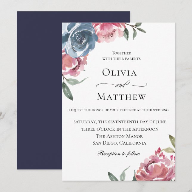 Elegant Navy Blue Mauve Botanical Wedding Einladung (Vorne/Hinten)