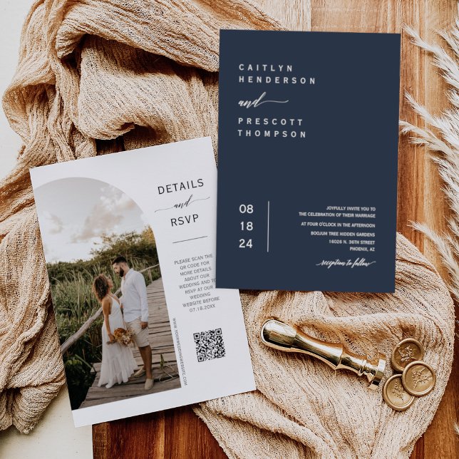 Elegant Navy Blue Minimal Foto QR Code Wedding I Einladung (Von Creator hochgeladen)
