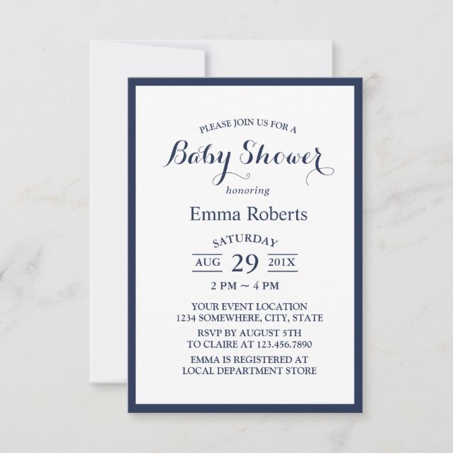 Elegant Navy Blue Minimalistisch Baby Shower Einladung (Vorderseite)