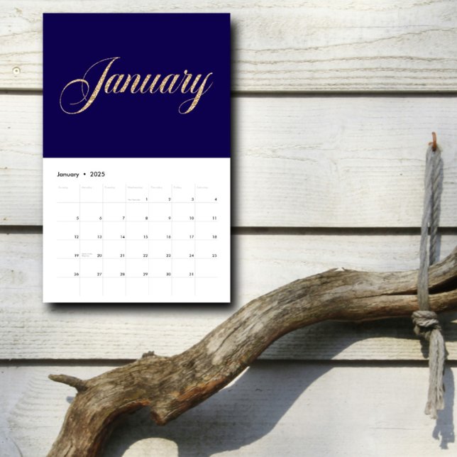 Elegant Navy Blue Minimalistisch| Gold Script Lett Kalender (Von Creator hochgeladen)