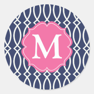 Elegant Navy Blue Modern Trellis Mit Monogramm Runder Aufkleber