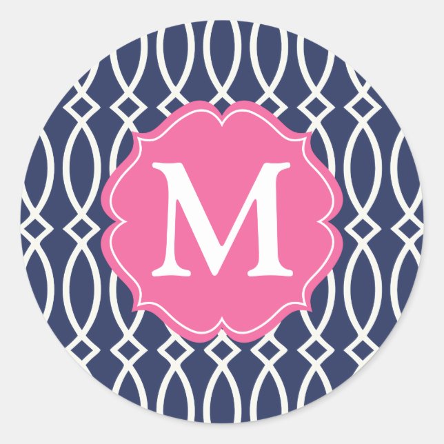 Elegant Navy Blue Modern Trellis Mit Monogramm Runder Aufkleber (Vorderseite)