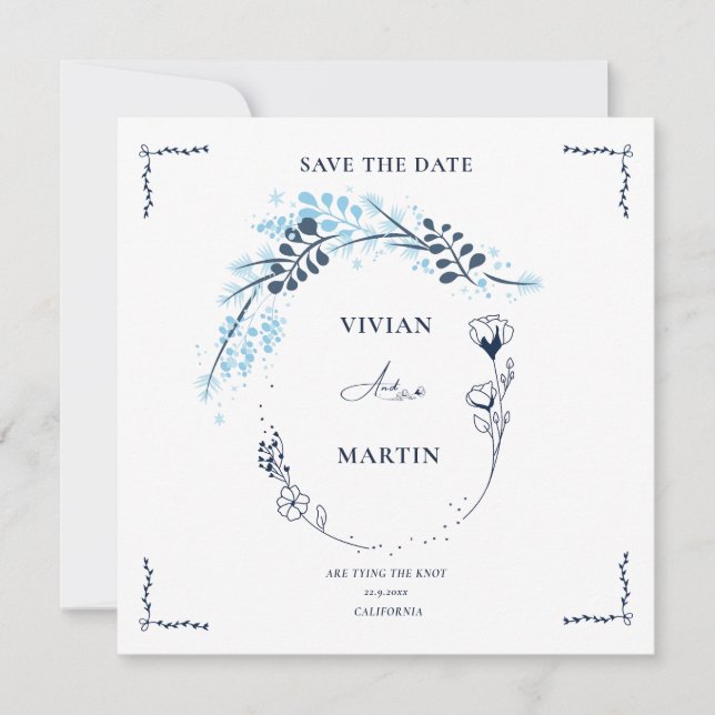 Elegant Navy Blue Monogram Floral Save the Date Einladung (Vorderseite)