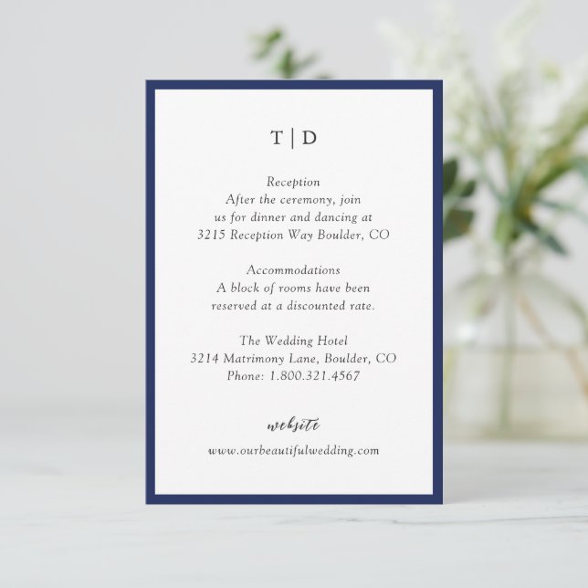 Elegant Navy Blue Monogram Modern Wedding Begleitkarte (Stehend Vorderseite)