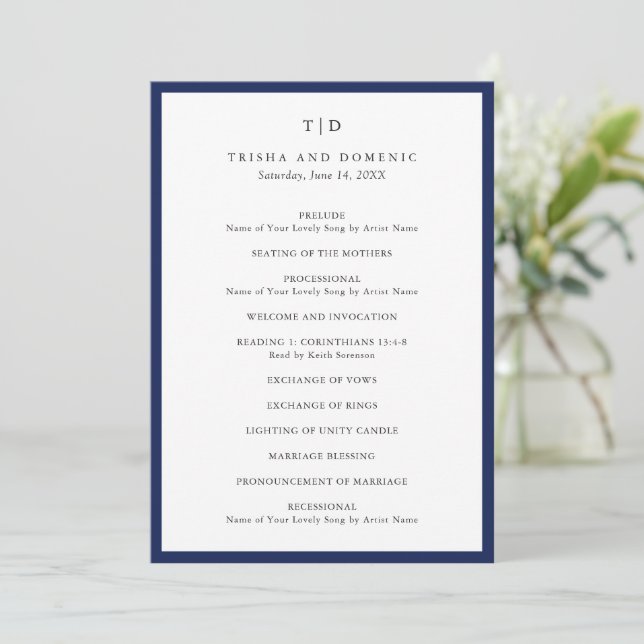 Elegant Navy Blue Monogram Modern Wedding Programm (Stehend Vorderseite)