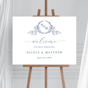 Elegant Navy Blue Monogram Wedding Welcome Sign Poster