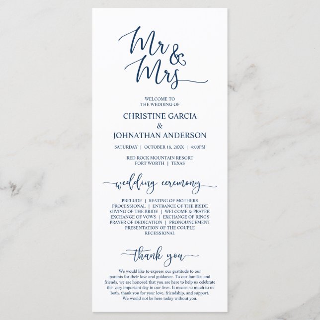 Elegant Navy Blue, Mr. and Mrs., Wedding Zeremony Programm (Vorderseite)