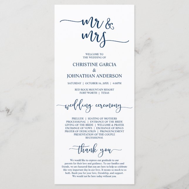 Elegant Navy Blue, Mr. and Mrs., Wedding Zeremony Programm (Vorderseite)