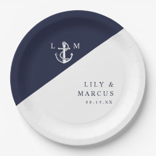 Elegant Navy Blue Nautical Monogram Wedding Pappteller