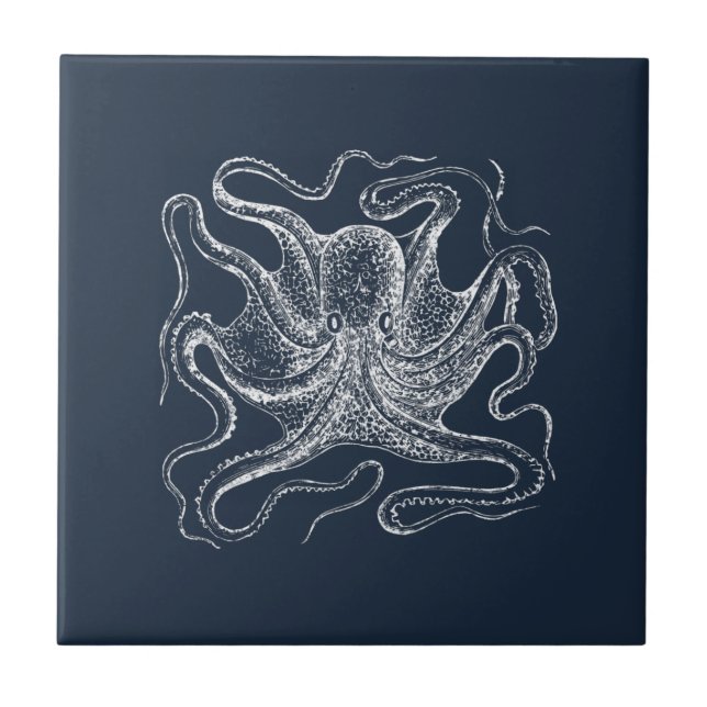Elegant Navy Blue Octopus Illustration Fliese (Vorderseite)