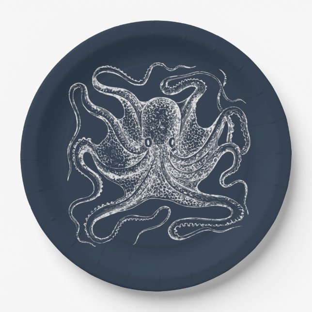 Elegant Navy Blue Octopus Illustration Pappteller (Vorderseite)