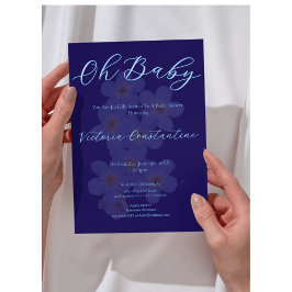 Elegant Navy Blue Oh Baby Script Floral Photo Einladung
