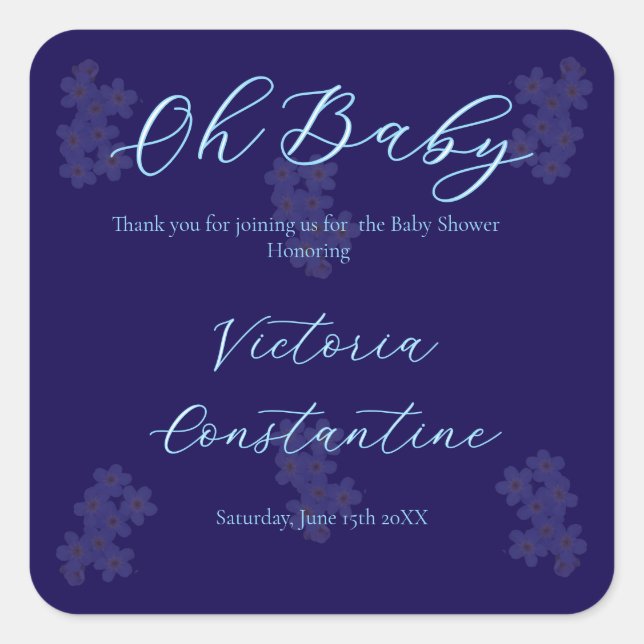 Elegant Navy Blue Oh Baby Script Floral  Quadratischer Aufkleber (Vorderseite)
