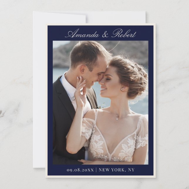 Elegant Navy Blue Old Money Photo Wedding Save The Date (Vorderseite)