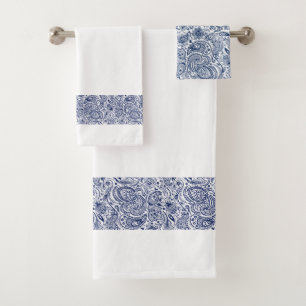 Elegant Navy-Blue Paisley Stripe Badhandtuch Set