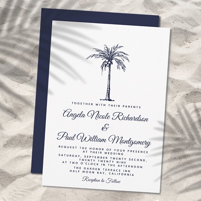 Elegant Navy Blue Palm Tree Formal Beach Hochzeit Einladung (Von Creator hochgeladen)
