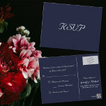 Elegant Navy Blue Party Wedding Response UAWG Postkarte<br><div class="desc">Erstellen Sie Ihre eigene individuelle, personalisierte, einfach, elegant, navy blauen benutzerdefinierte Party / Event / besondere Anlass UAWG Einladungskarte. Geben Sie einfach Ihr uAwg, Ihre Namen und Ihre Adresse ein. Eine elegante UAWG für alle Ihre Freunde und Familie, für jeden Anlass, Veranstaltung, Ansammlung, sei es Hochzeiten, Geburtstagsparty, Abschlussfeier, Jubiläumsfeiern, Wiedersehen,...</div>