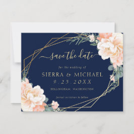 Elegant Navy Blue Peach Gold Floral Save the Date Einladung