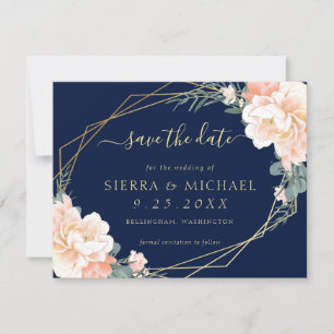 Elegant Navy Blue Peach Gold Floral Save the Date Einladung