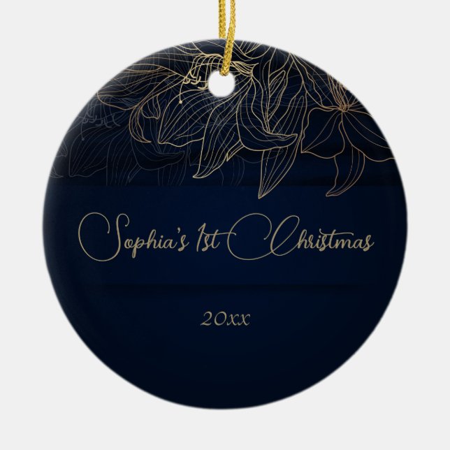 Elegant Navy Blue Personalisiert First Christmas Keramik Ornament (Vorne)