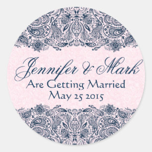 Elegant Navy Blue & Pinke Floral Paisley Lace Runder Aufkleber