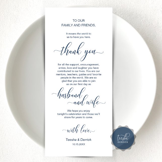 Elegant Navy Blue, Place Einstellung Dankeschön Ka Programm (Wedding Dinner or Elopement Brunch Place Setting Thank You Card, In Modern Classy Navy Blue)