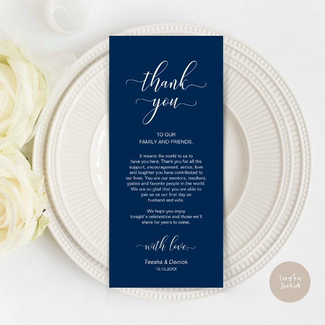 Elegant Navy Blue, Place Einstellung Dankeschön Ka Programm (Wedding Dinner Place Setting Thank You Card, Modern Classy Design, Navy Blue)