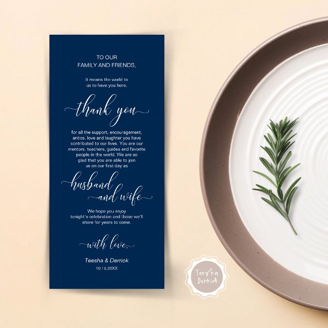 Elegant Navy Blue, Place Einstellung Dankeschön Ka Programm (Wedding Dinner Place Setting Thank You Card, Plate Decor, Modern Classy, in Navy Blue)