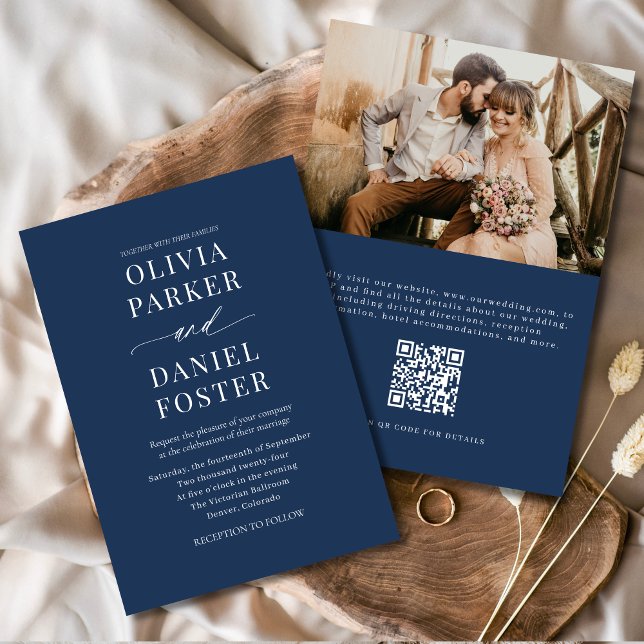 Elegant Navy Blue QR Code Foto Hochzeit Einladung (Von Creator hochgeladen)
