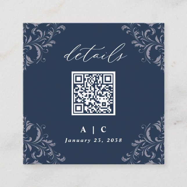 Elegant Navy Blue QR Code Hochzeitsdetails Enclosu Begleitkarte (Vorderseite)