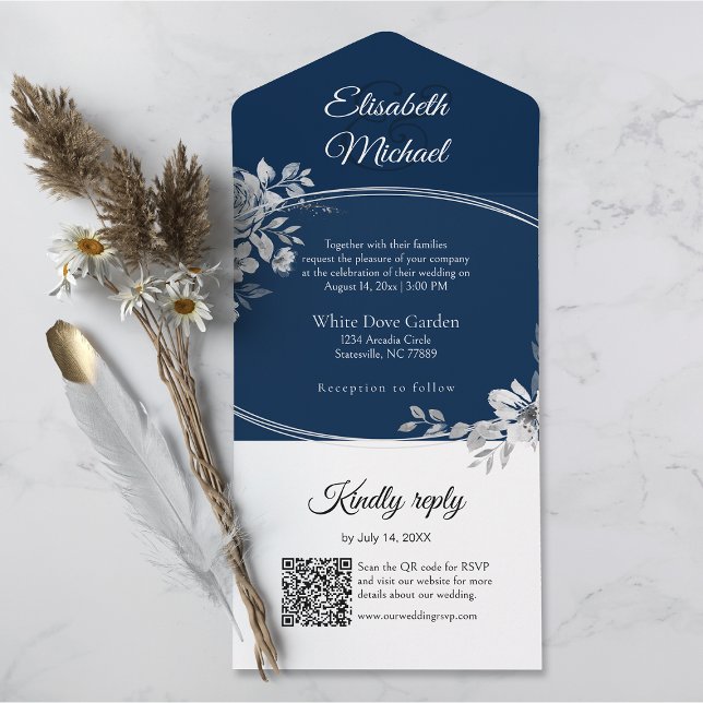 Elegant Navy Blue QR Code Monogram Wedding RSVP All In One Einladung (All-in-one wedding invitation with QR code to RSVP - Simplify and save time for you and your guests.)