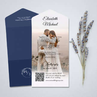 Elegant Navy Blue QR Code Website Foto Hochzeit All In One Einladung