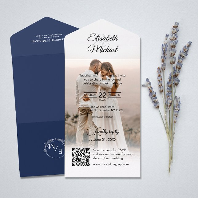 Elegant Navy Blue QR Code Website Foto Hochzeit All In One Einladung (All-in-one wedding invitation with QR code to RSVP - Simplify and save time for you and your guests.)