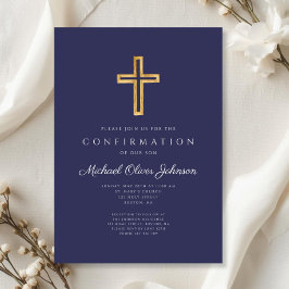 Elegant Navy Blue Religious Cross Boy Bestätigung Einladung